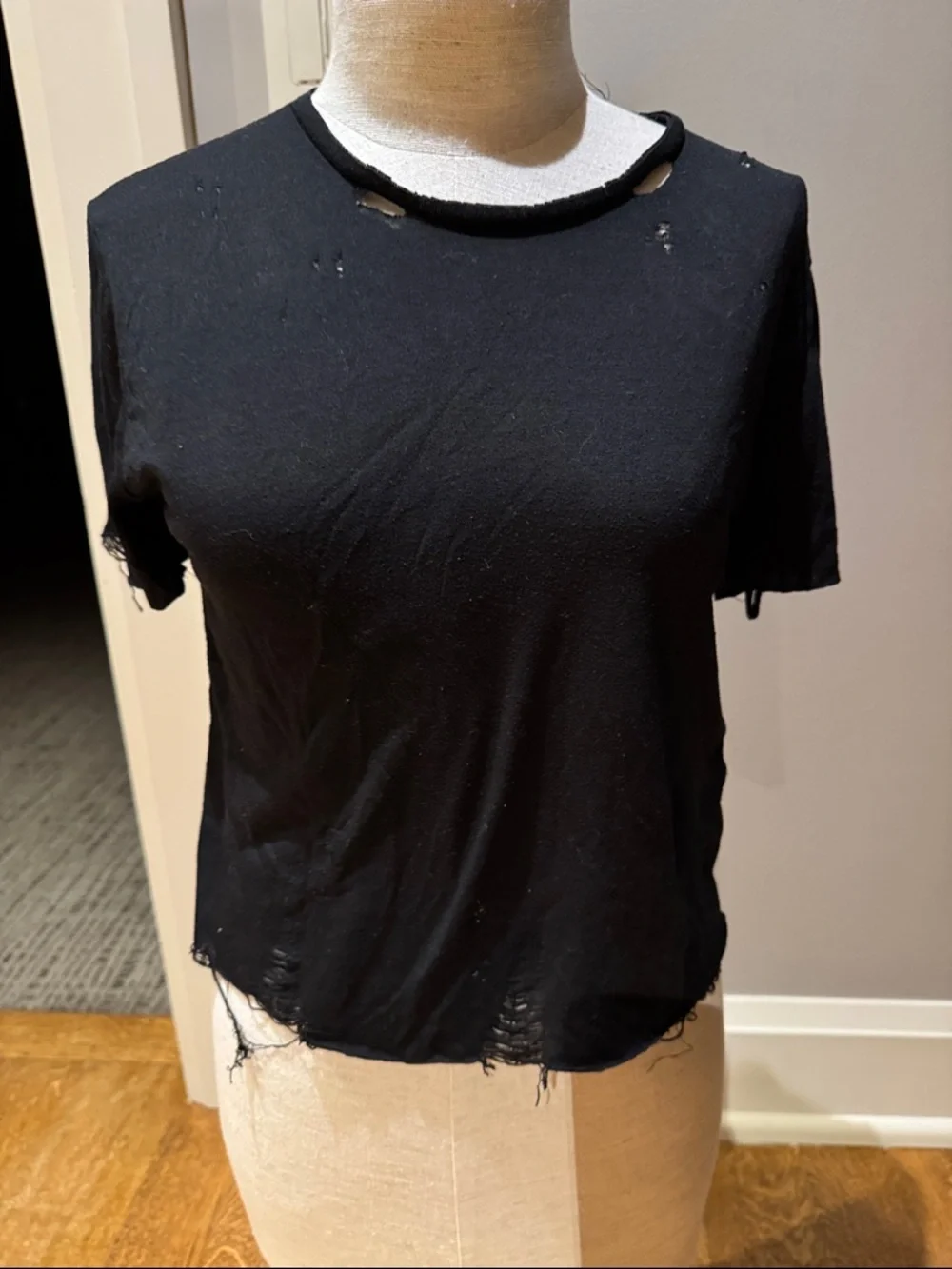 Article X Distressed Black Tee Shirt Small Grunge Raw Hem Short Sleeve Top - Picture 2 of 11